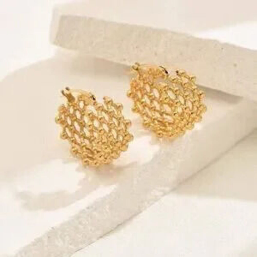 Gold Stainless Steel Mesh Hoop Earrings - Picture 2 of 3